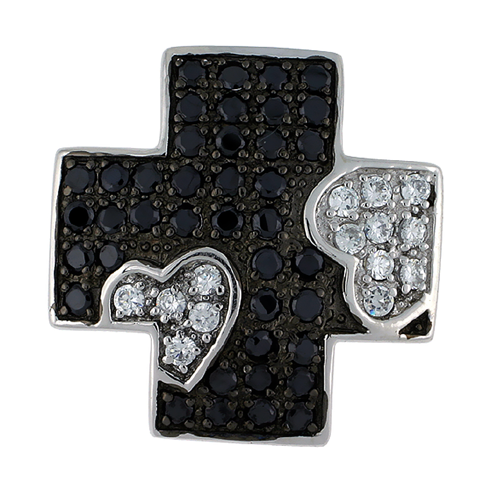 STERLING SILVER GREEK CROSS PENDANT W/ HEART DESIGN, W/ BRILLIANT CUT CLEAR & BLACK CZ STONES, 1 1/16" (27 MM) TALL, W/ 18" THIN SNAKE CHAIN