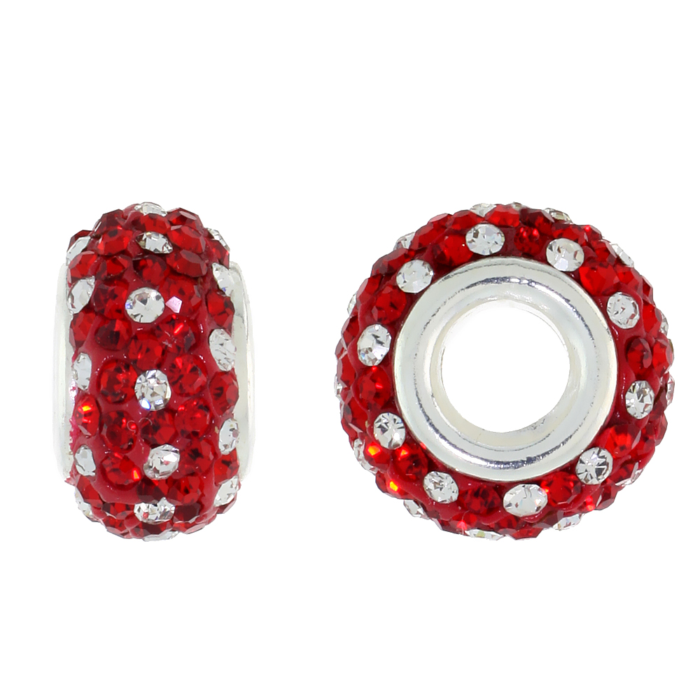 STERLING SILVER CRYSTAL CHARM BEAD WHITE & RED COLOR CHARM BRACELET COMPATIBLE, 13 MM