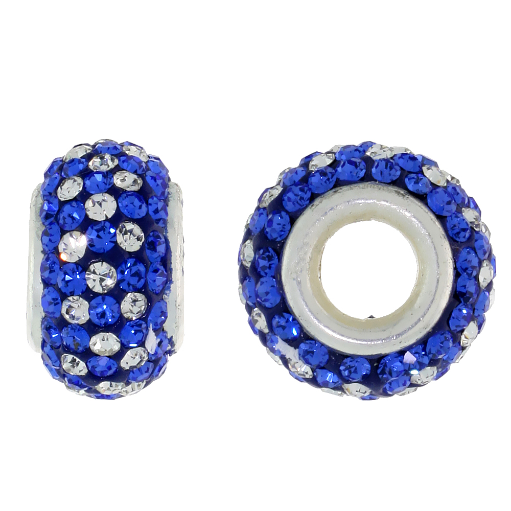 STERLING SILVER CRYSTAL CHARM BEAD WHITE & COBALT COLOR CHARM BRACELET COMPATIBLE, 13 MM
