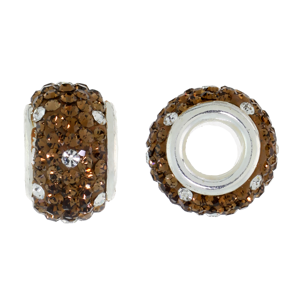 STERLING SILVER CRYSTAL CHARM BEAD WHITE & SMOKED TOPAZ COLOR CHARM BRACELET COMPATIBLE, 13 MM