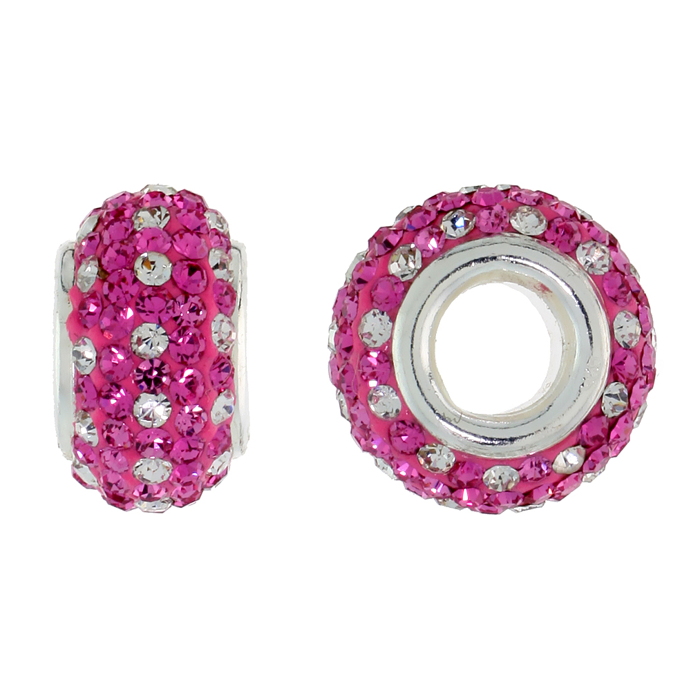 STERLING SILVER CRYSTAL CHARM BEAD WHITE & ROSE COLOR CHARM BRACELET COMPATIBLE, 13 MM