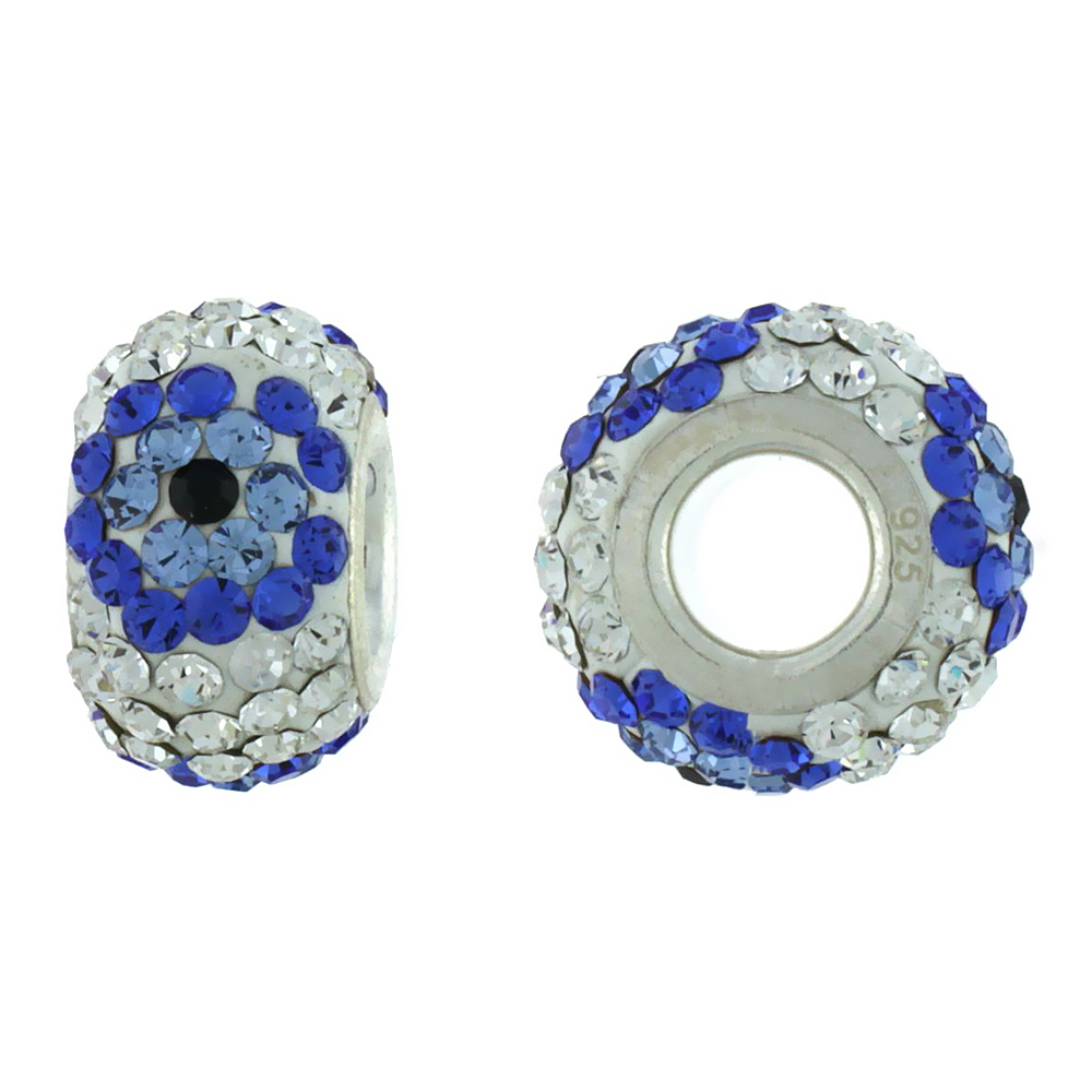 STERLING SILVER CRYSTAL CHARM BEAD WHITE CENTERED WITH COBALT, BLUE TOPAZ & BLACK COLOR CHARM BRACELET COMPATIBLE, 13 MM
