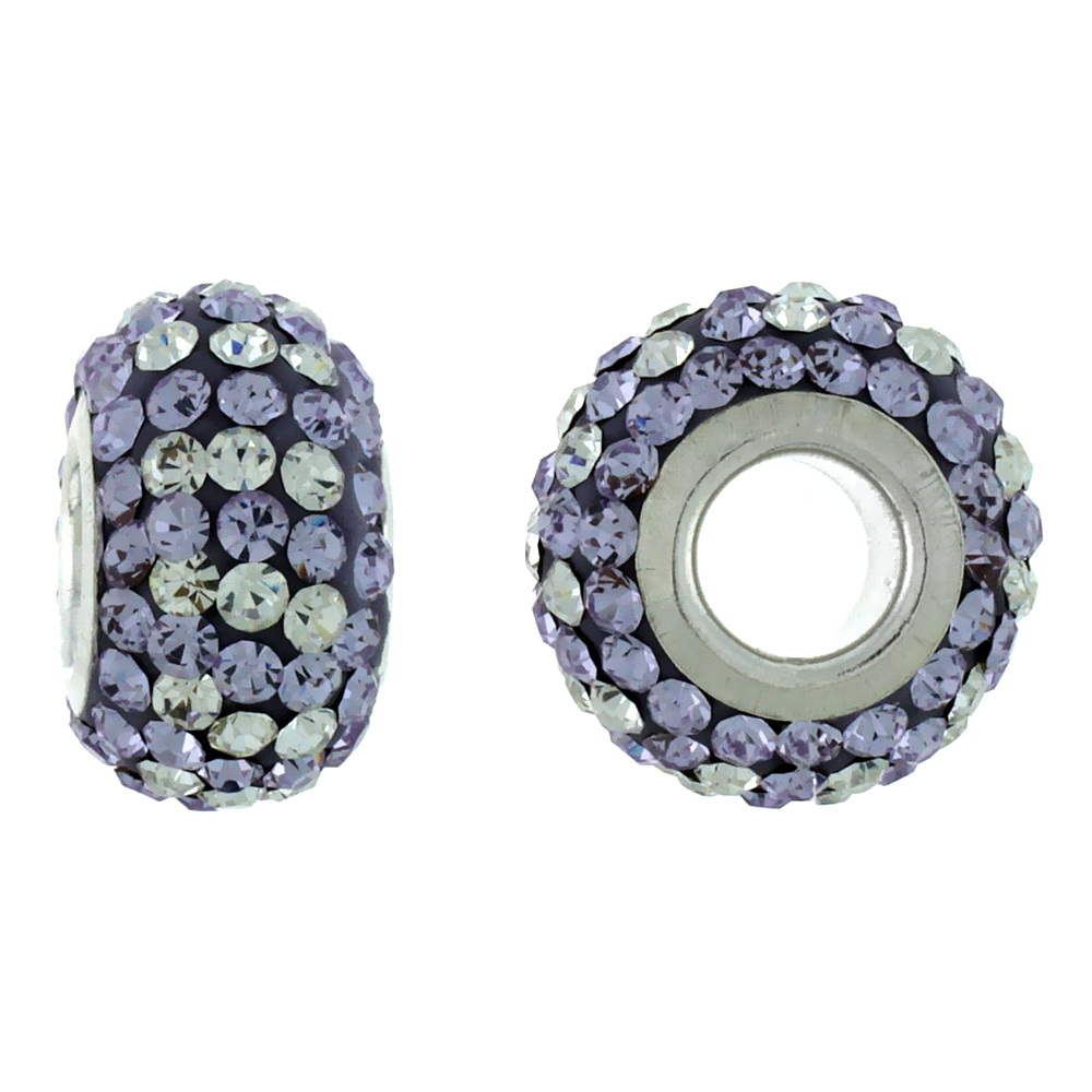 STERLING SILVER CRYSTAL CHARM BEAD WHITE & AMETHYST COLOR CHARM BRACELET COMPATIBLE, 13 MM