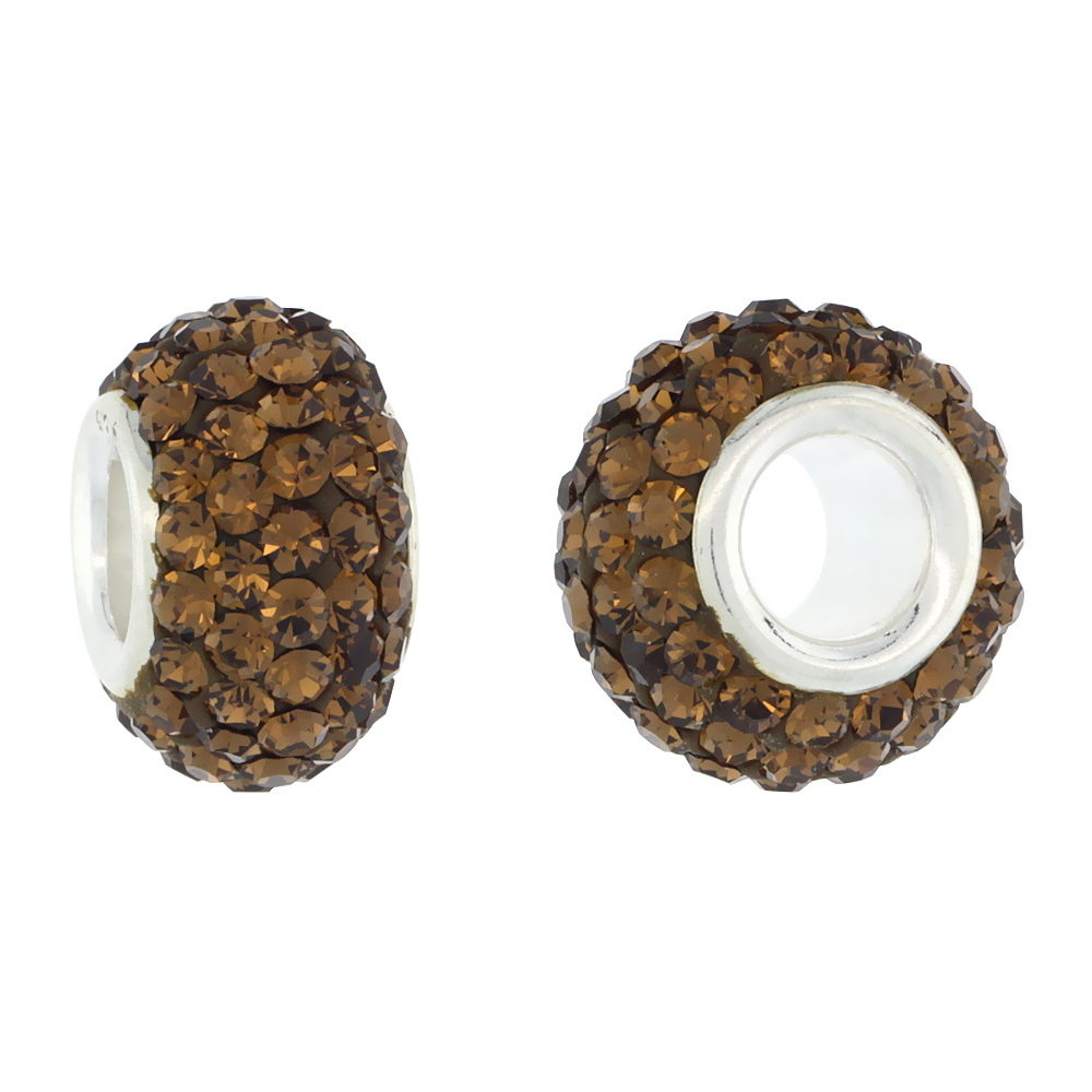 STERLING SILVER CRYSTAL CHARM BEAD SMOKY TOPAZ COLOR CHARM BRACELET COMPATIBLE, 13 MM