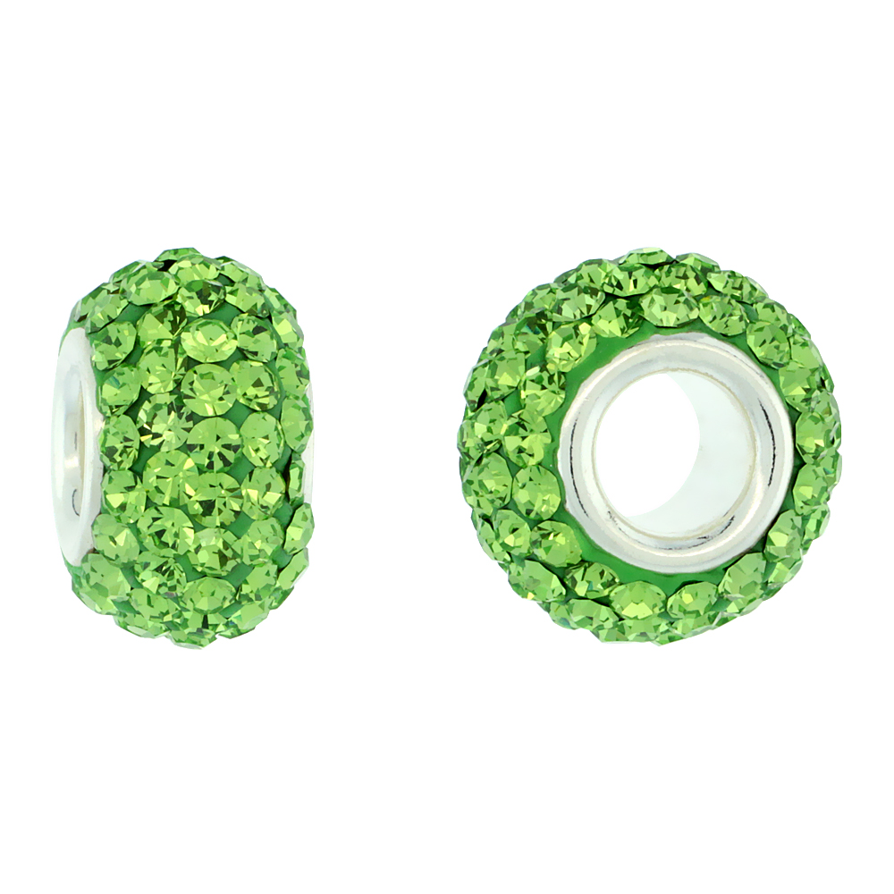STERLING SILVER CRYSTAL CHARM BEAD PERIDOT COLOR CHARM BRACELET COMPATIBLE, 13 MM