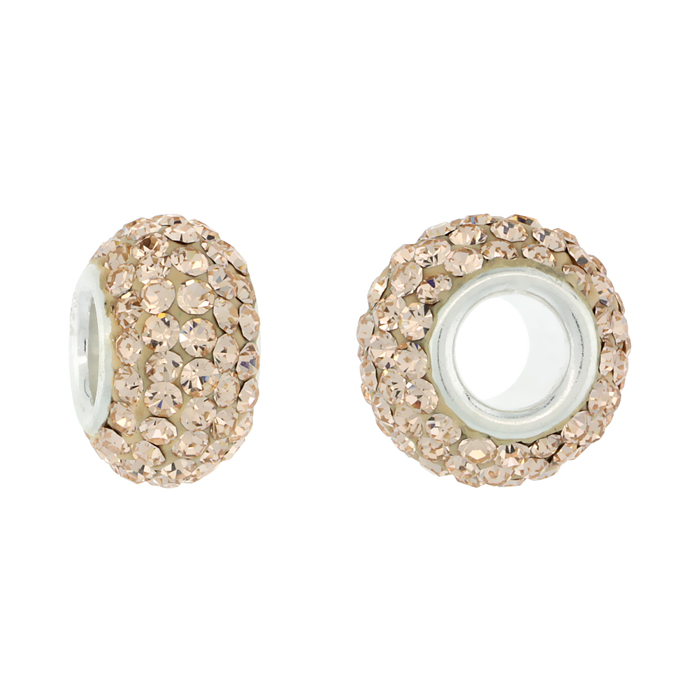 STERLING SILVER CRYSTAL CHARM BEAD LIGHT ROSE CHAMPAGNE COLOR CHARM BRACELET COMPATIBLE, 13 MM