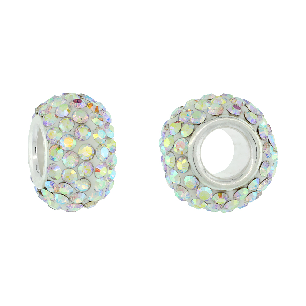 STERLING SILVER CRYSTAL CHARM BEAD WHITE OPAL COLOR CHARM BRACELET COMPATIBLE, 13 MM