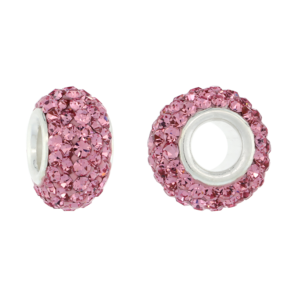 STERLING SILVER CRYSTAL CHARM BEAD ROSE COLOR CHARM BRACELET COMPATIBLE, 13 MM