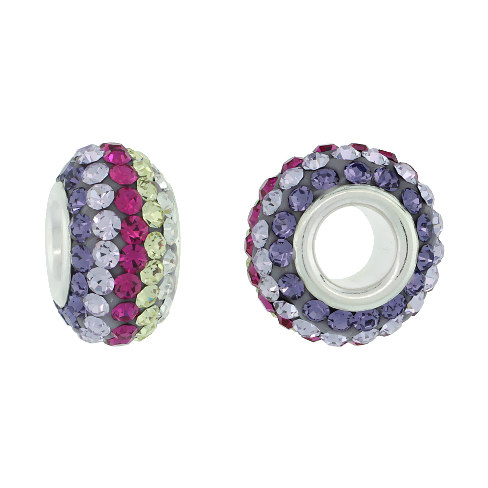 STERLING SILVER CRYSTAL CHARM BEAD WHITE, CITRINE, TOURMALINE, LAVENDER & AMETHYST LINED COLOR CHARM BRACELET COMPATIBLE, 13 MM