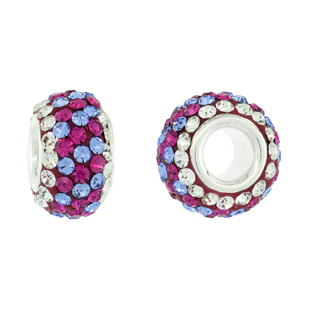 STERLING SILVER CRYSTAL CHARM BEAD WHITE, LAVENDER & FUCHSIA SPIRAL COLOR CHARM BRACELET COMPATIBLE, 13 MM