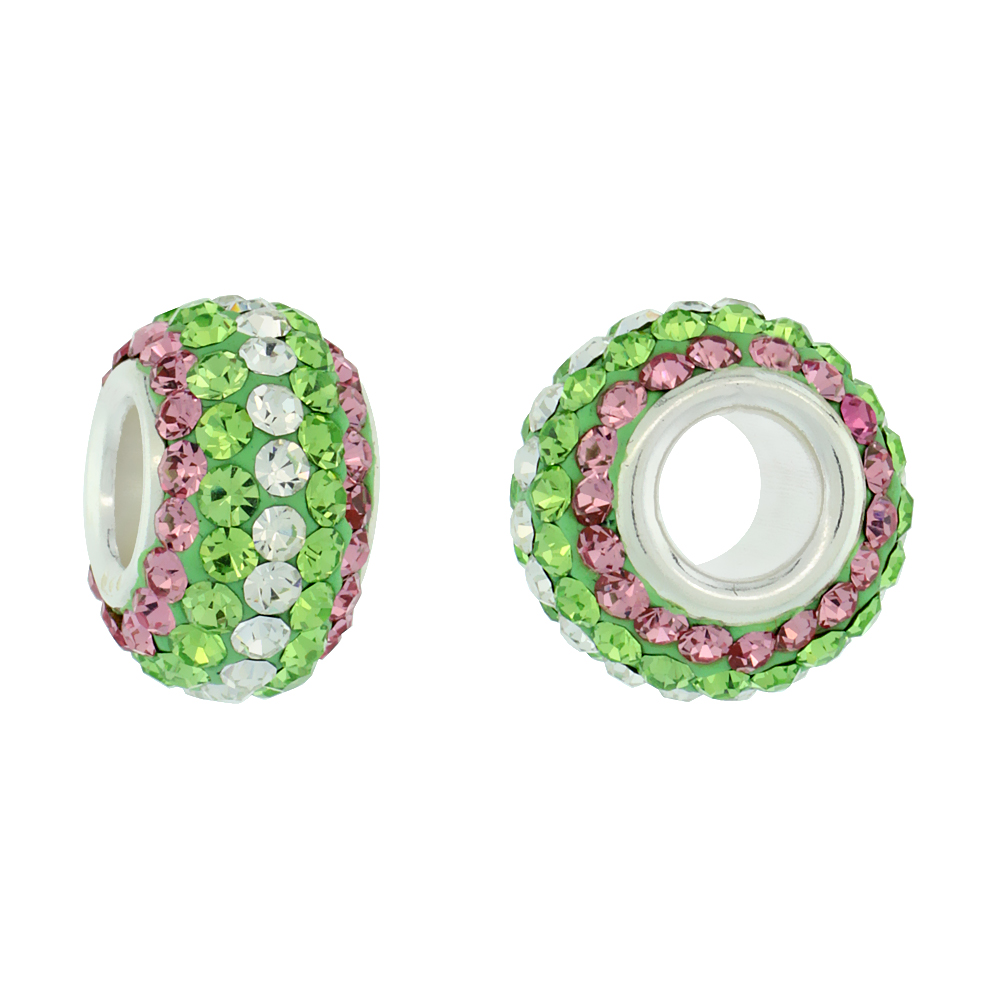STERLING SILVER CRYSTAL CHARM BEAD ROSE, PERIDOT, WHITE COLOR CHARM BRACELET COMPATIBLE, 13 MM