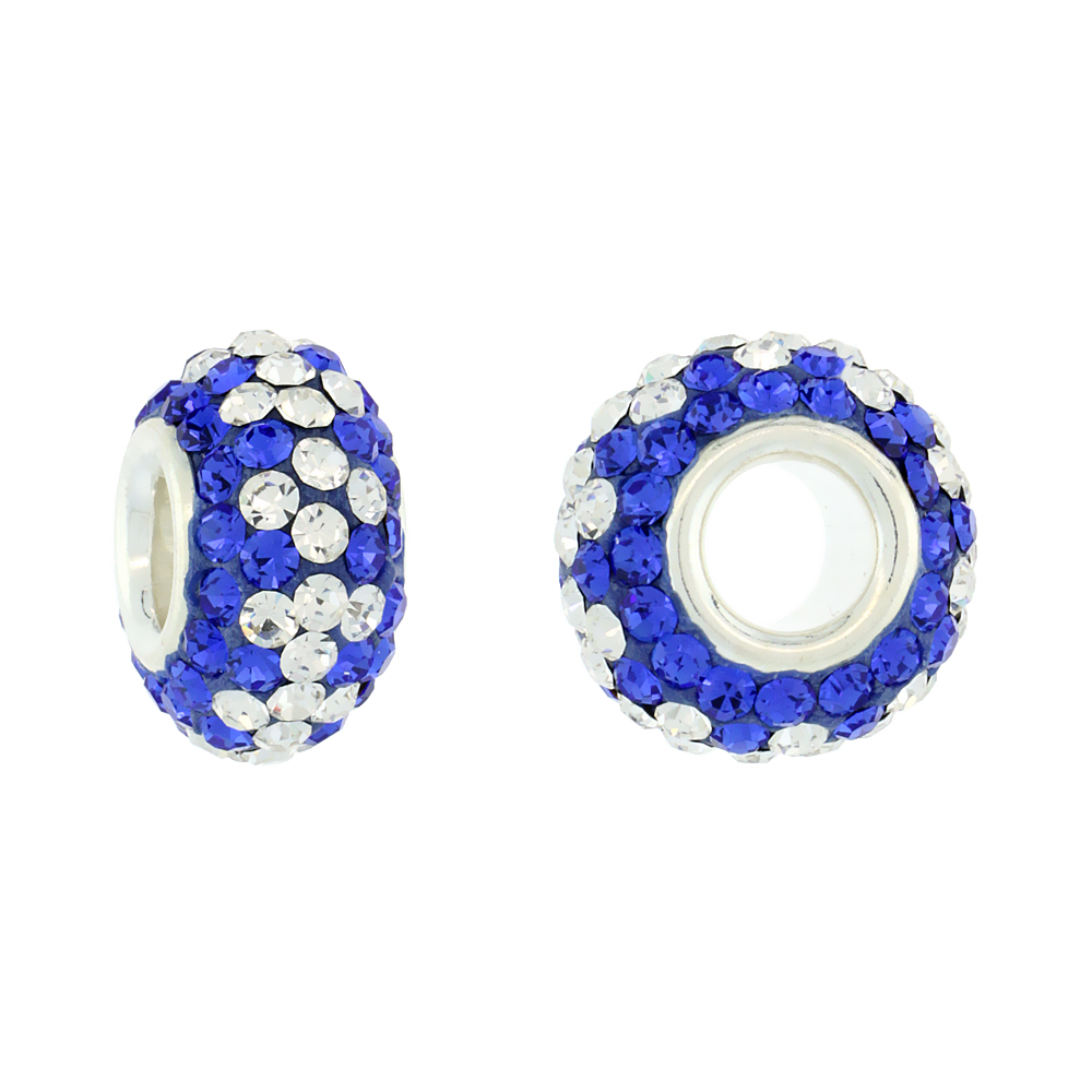 STERLING SILVER CRYSTAL CHARM BEAD COBALT, WHITE COLOR CHARM BRACELET COMPATIBLE, 13 MM