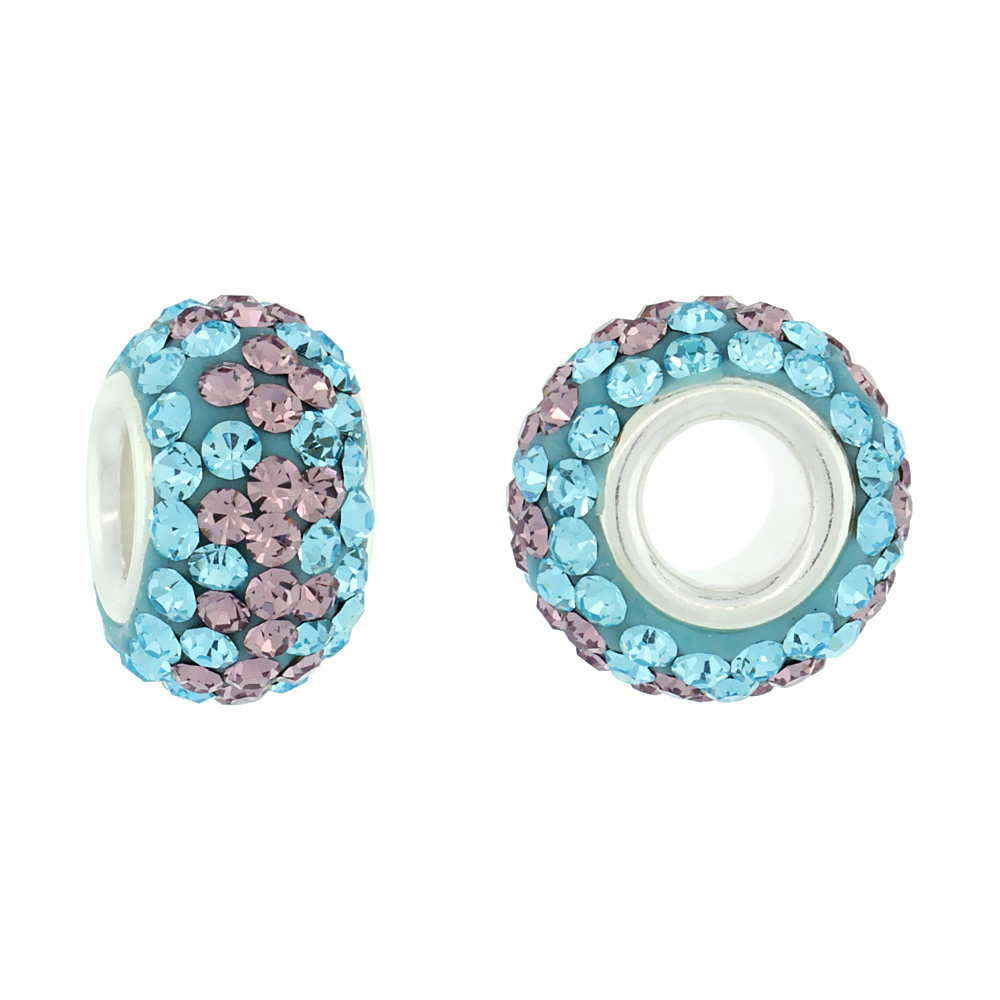 STERLING SILVER CRYSTAL CHARM BEAD TURQUOISE, INDIAN PINK COLOR CHARM BRACELET COMPATIBLE, 13 MM