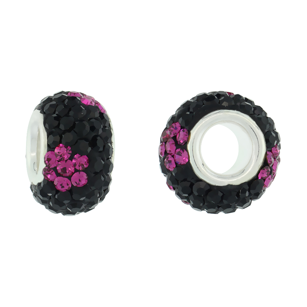 STERLING SILVER CRYSTAL CHARM BEAD BLACK, FUCHSIA FLOWER COLOR CHARM BRACELET COMPATIBLE, 13 MM