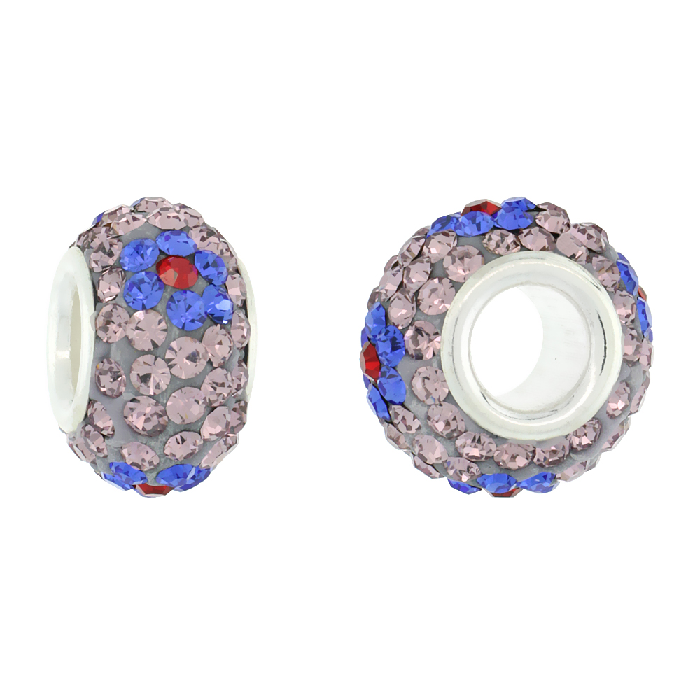 STERLING SILVER CRYSTAL CHARM BEAD INDIAN PINK FUCHSIA FLOWERS CHARM BRACELET COMPATIBLE, 13 MM