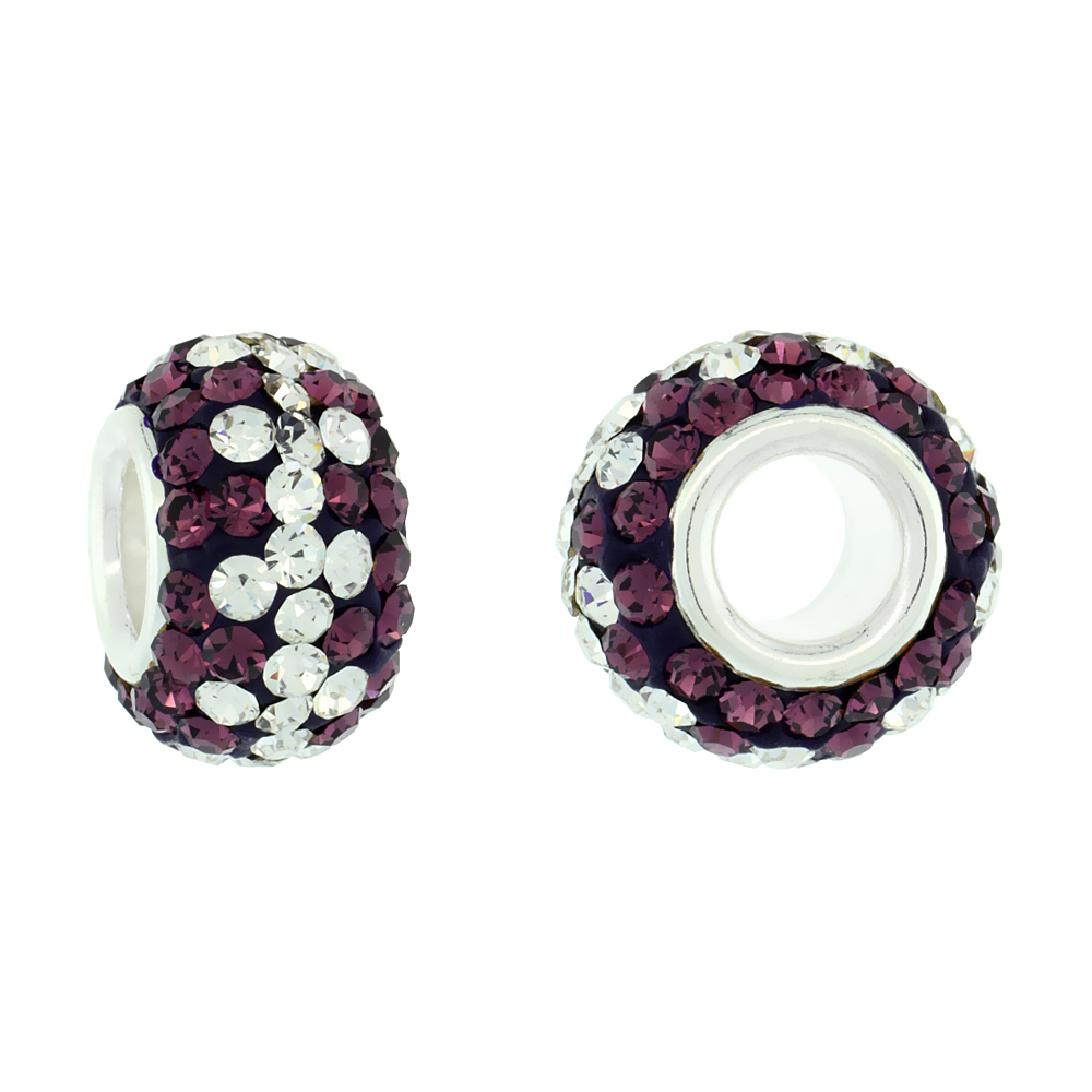 STERLING SILVER CRYSTAL CHARM BEAD FUCHSIA SATIN, WHITE COLOR CHARM BRACELET COMPATIBLE, 13 MM