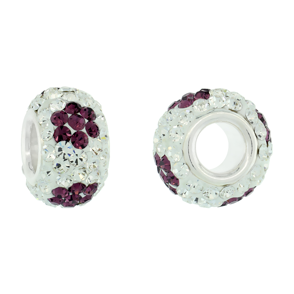 STERLING SILVER CRYSTAL CHARM BEAD WHITE, FUCHSIA SATIN FLOWER COLOR CHARM BRACELET COMPATIBLE, 13 MM