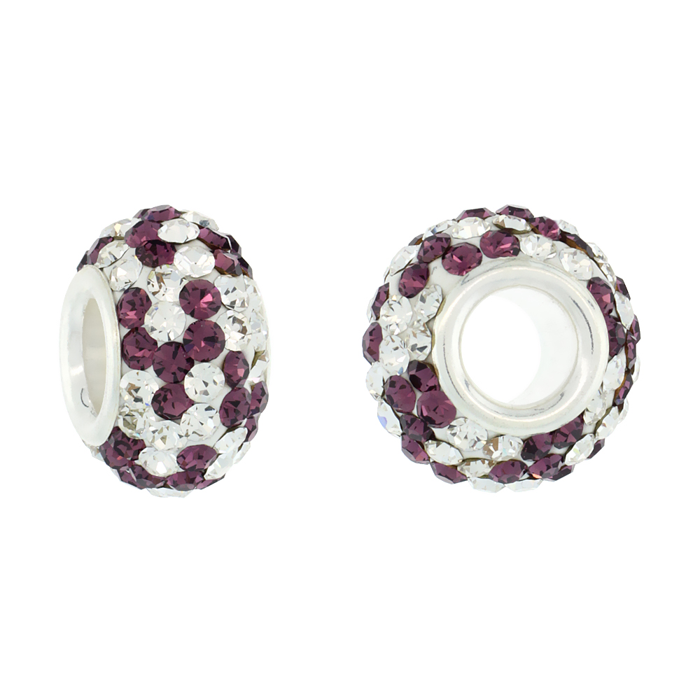 STERLING SILVER CRYSTAL CHARM BEAD FUCHSIA SATIN & CLEAR SPIRAL COLOR CHARM BRACELET COMPATIBLE, 13 MM