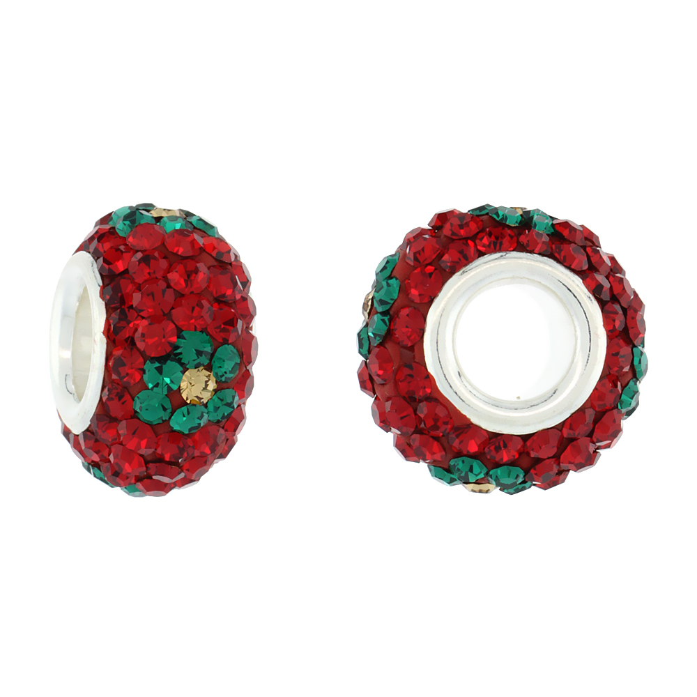 STERLING SILVER CRYSTAL CHARM BEAD RUBY, EMERALD & CITRINE FLOWER COLOR CHARM BRACELET COMPATIBLE, 13 MM