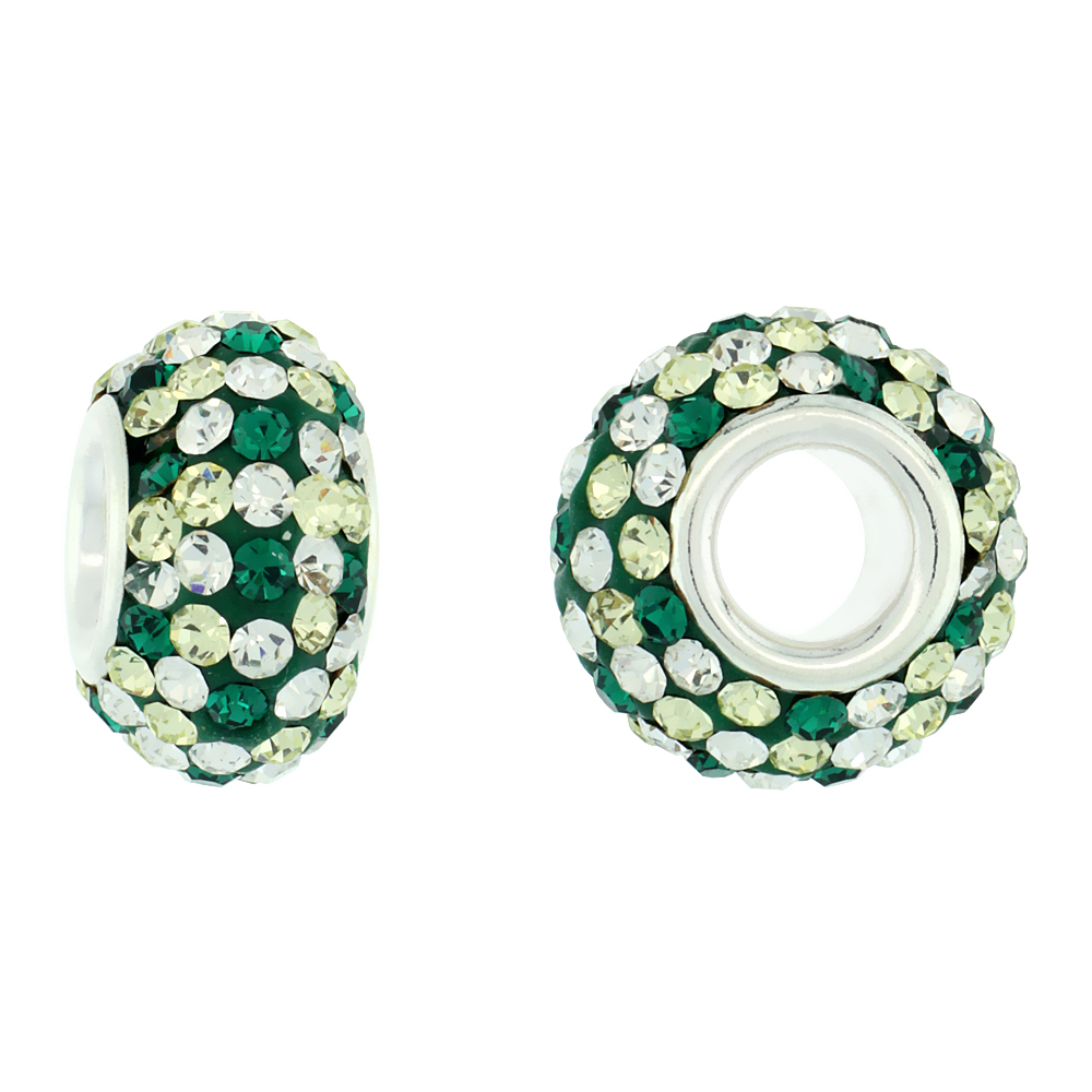 STERLING SILVER CRYSTAL CHARM BEAD EMERALD & WHITE POLKA DOT COLOR CHARM BRACELET COMPATIBLE, 13 MM