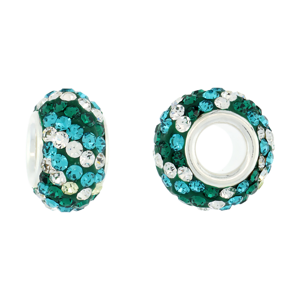 STERLING SILVER CRYSTAL CHARM BEAD EMERALD, TURQUOISE & WHITE TWISTED COLOR CHARM BRACELET COMPATIBLE, 13 MM