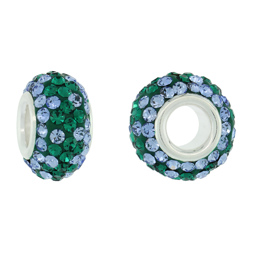 STERLING SILVER CRYSTAL CHARM BEAD LIGHT SAPPHIRE, EMERALD COLOR CHARM BRACELET COMPATIBLE, 13 MM