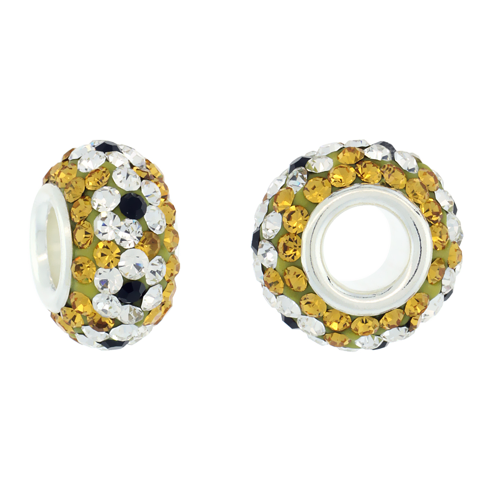 STERLING SILVER CRYSTAL CHARM BEAD CITRINE, WHITE & BLACK FLOWER COLOR CHARM BRACELET COMPATIBLE, 13 MM