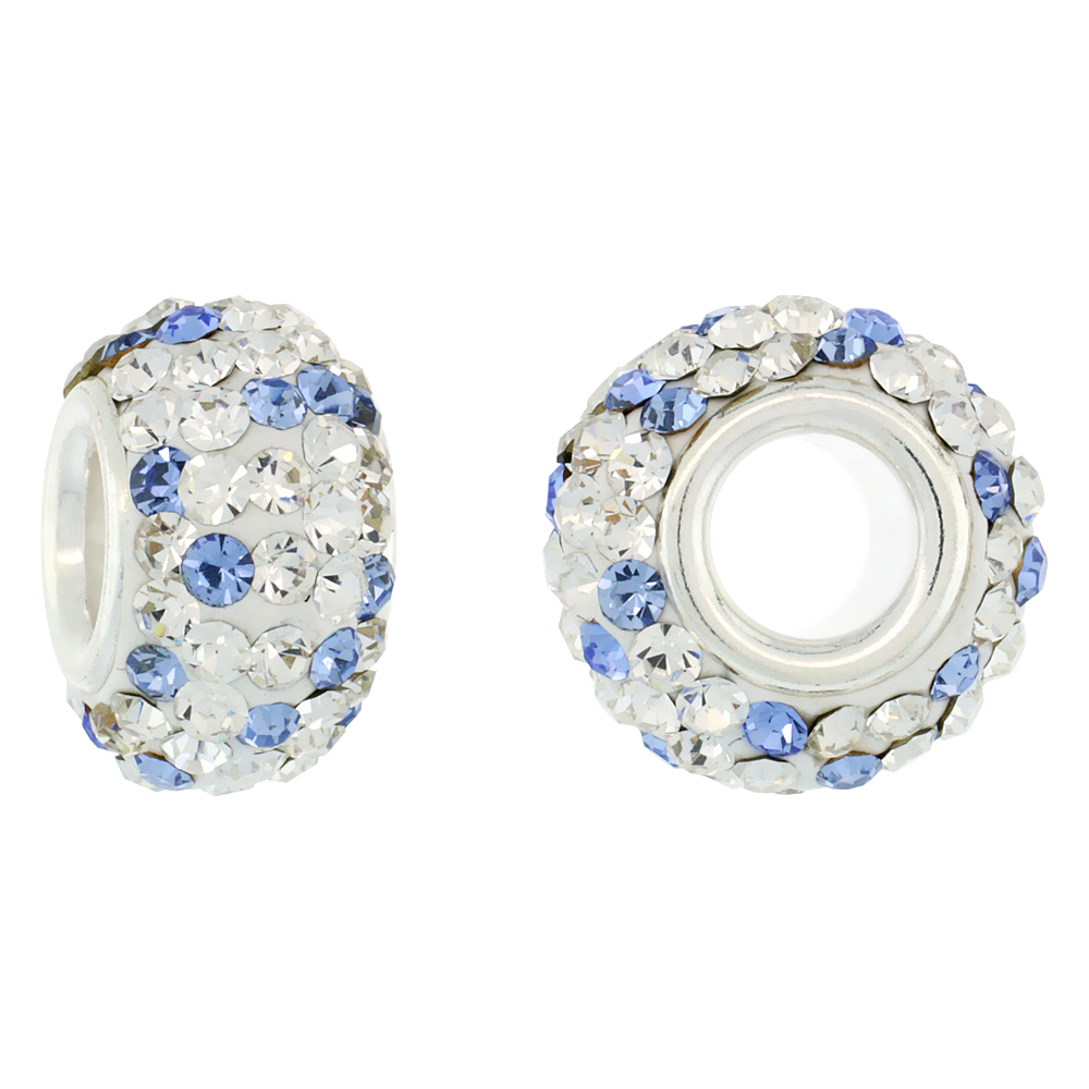 STERLING SILVER CRYSTAL CHARM BEAD WHITE & LIGHT SAPPHIRE POLKA DOT COLOR CHARM BRACELET COMPATIBLE, 13 MM