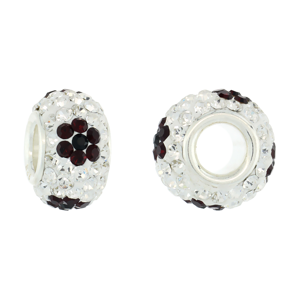 STERLING SILVER CRYSTAL CHARM BEAD WHITE & BLACK FLOWER COLOR CHARM BRACELET COMPATIBLE, 13 MM