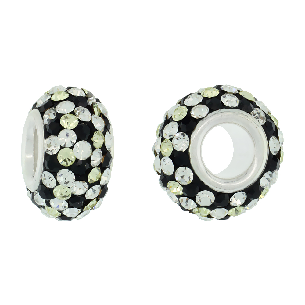 STERLING SILVER CRYSTAL CHARM BEAD WHITE, BLACK & LIME POLKA DOT COLOR CHARM BRACELET COMPATIBLE, 13 MM