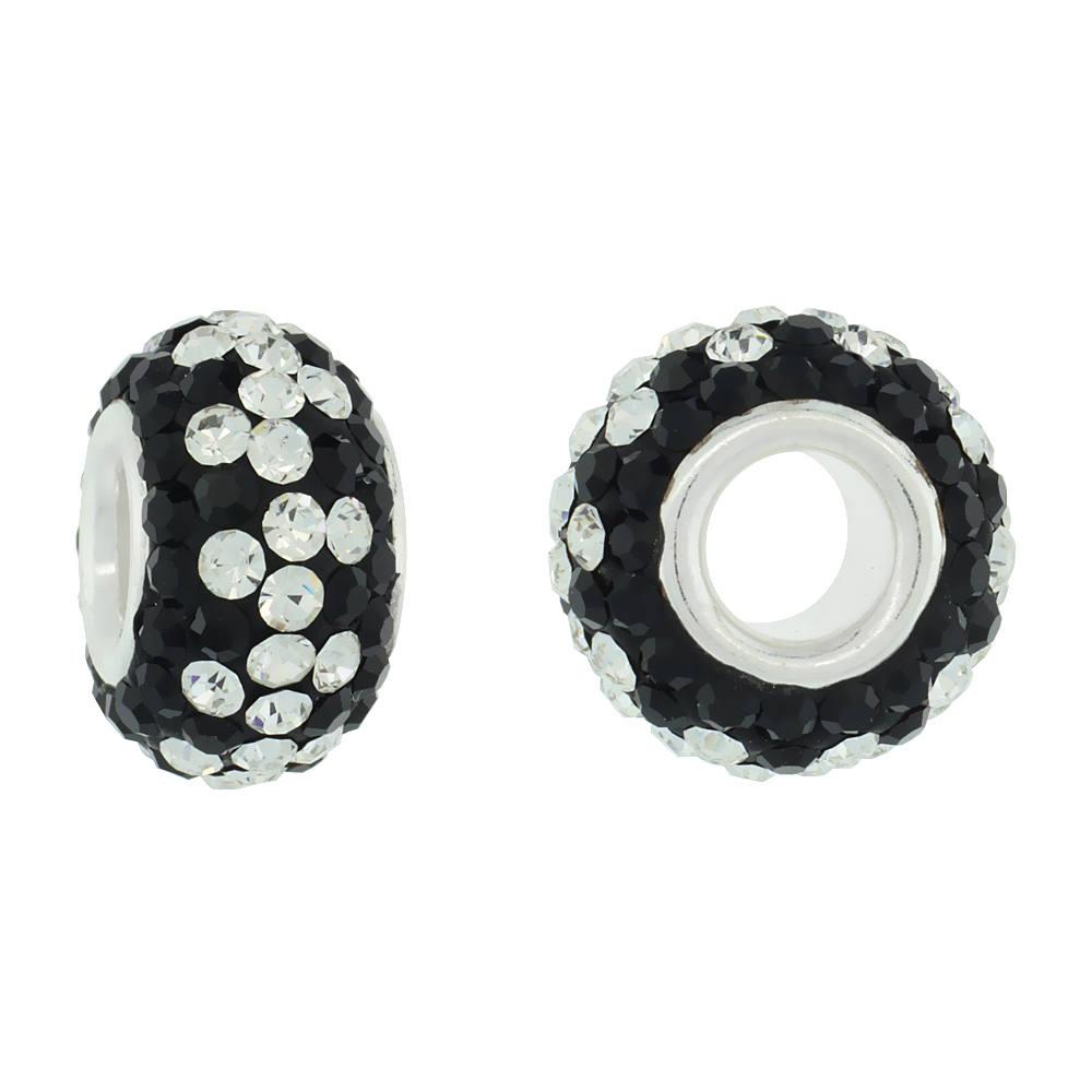 STERLING SILVER CRYSTAL CHARM BEAD BLACK, WHITE COLOR CHARM BRACELET COMPATIBLE, 13 MM