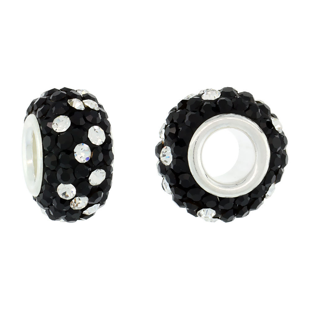 STERLING SILVER CRYSTAL CHARM BEAD BLACK POLKA DOT WHITE COLOR CHARM BRACELET COMPATIBLE, 13 MM