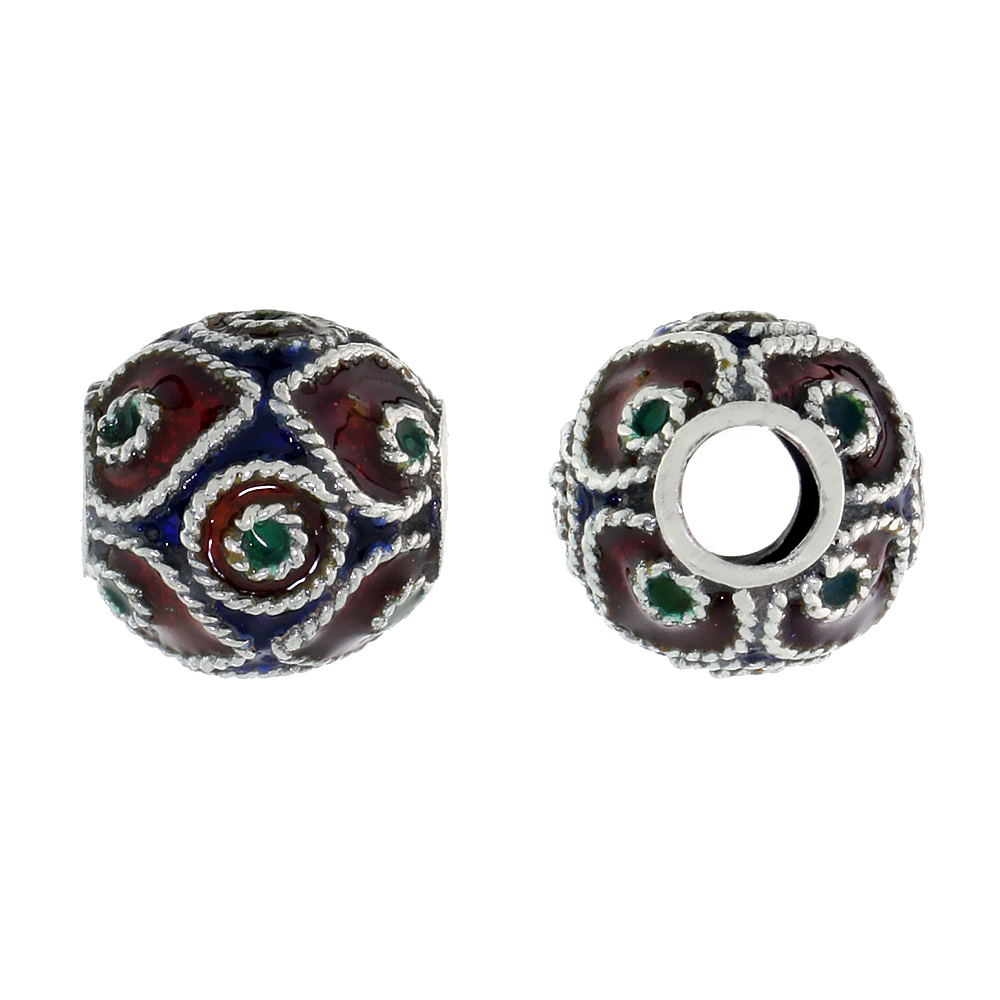STERLING SILVER ENAMELED FILIGREE CHARM BEAD VINTAGE RUSSIAN STYLE, CHARM BRACELET COMPATIBLE, 7/16 INCH