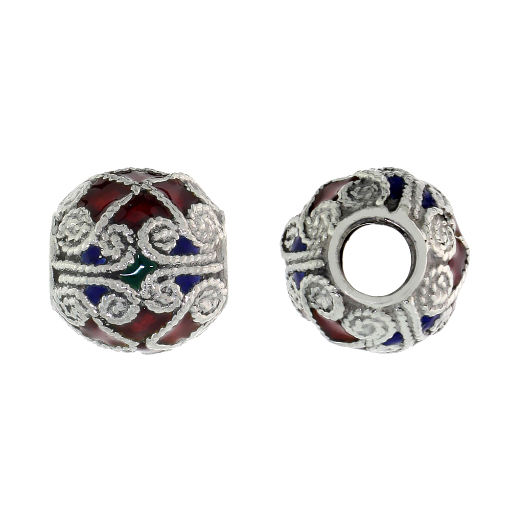 STERLING SILVER ENAMELED FILIGREE CHARM BEAD VINTAGE RUSSIAN STYLE, CHARM BRACELET COMPATIBLE, 7/16 INCH
