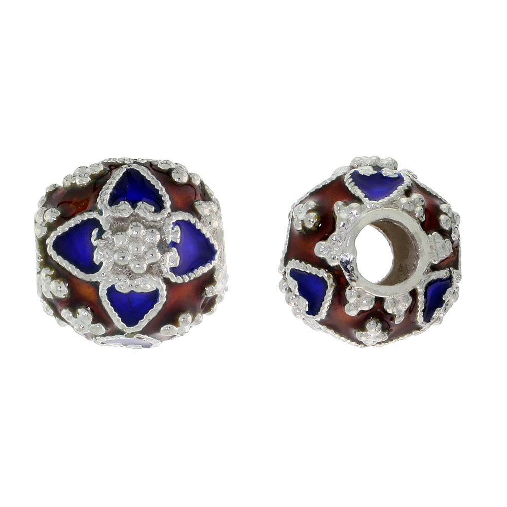 STERLING SILVER ENAMELED FILIGREE CHARM BEAD VINTAGE RUSSIAN STYLE, CHARM BRACELET COMPATIBLE, 7/16 INCH