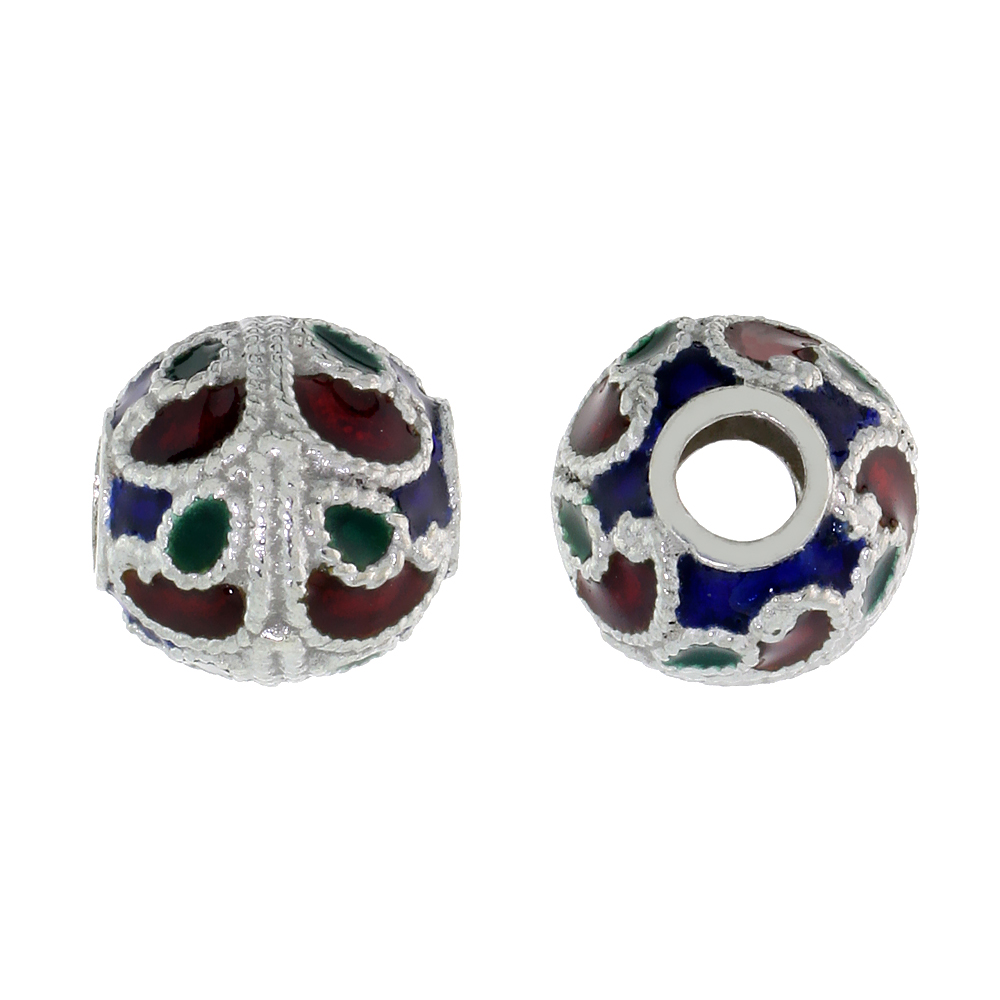 STERLING SILVER ENAMELED FILIGREE CHARM BEAD VINTAGE RUSSIAN STYLE, CHARM BRACELET COMPATIBLE, 7/16 INCH