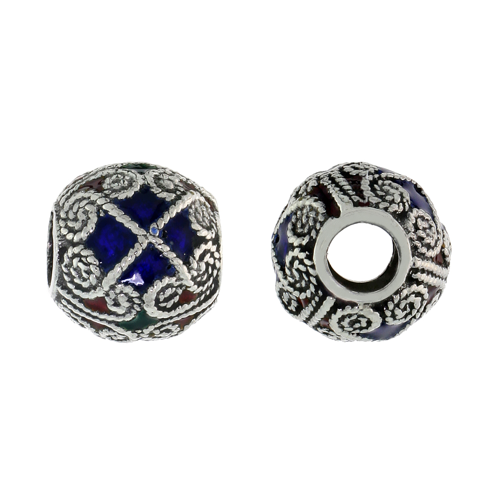 STERLING SILVER ENAMELED FILIGREE CHARM BEAD VINTAGE RUSSIAN STYLE, CHARM BRACELET COMPATIBLE, 7/16 INCH