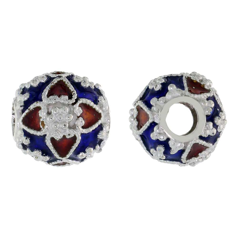 STERLING SILVER ENAMELED FILIGREE CHARM BEAD VINTAGE RUSSIAN STYLE, CHARM BRACELET COMPATIBLE, 7/16 INCH