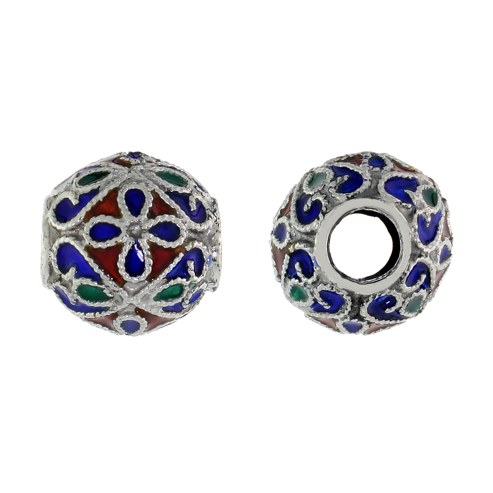 STERLING SILVER ENAMELED FILIGREE CHARM BEAD VINTAGE RUSSIAN STYLE, CHARM BRACELET COMPATIBLE, 7/16 INCH