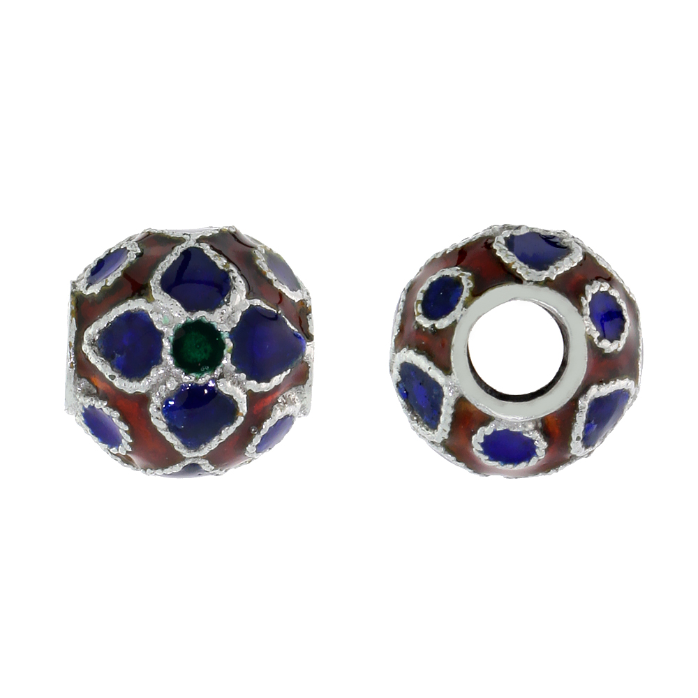 STERLING SILVER ENAMELED FILIGREE CHARM BEAD VINTAGE RUSSIAN STYLE, CHARM BRACELET COMPATIBLE, 7/16 INCH