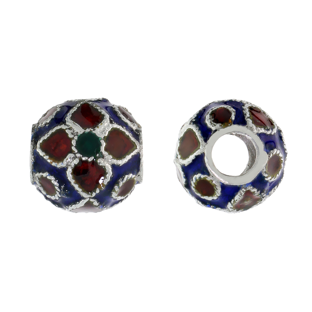 STERLING SILVER ENAMELED FILIGREE CHARM BEAD VINTAGE RUSSIAN STYLE, CHARM BRACELET COMPATIBLE, 7/16 INCH