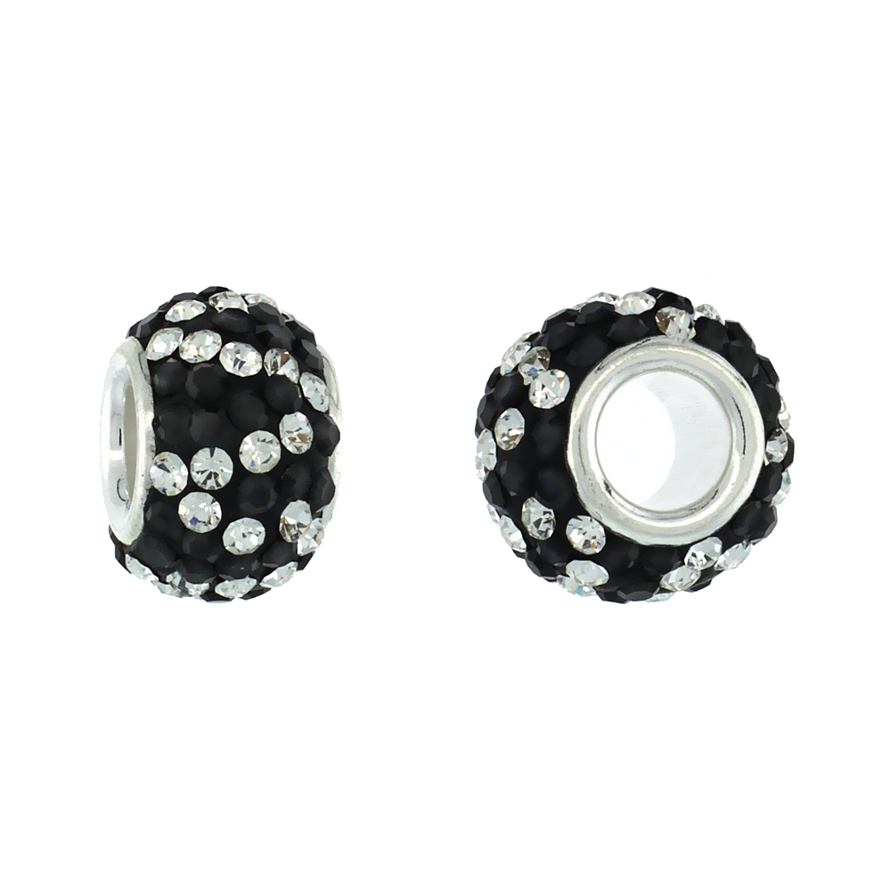 STERLING SILVER CRYSTAL CHARM BEAD TWISTED WHITE & BLACK COLOR CHARM BRACELET COMPATIBLE, 11 MM