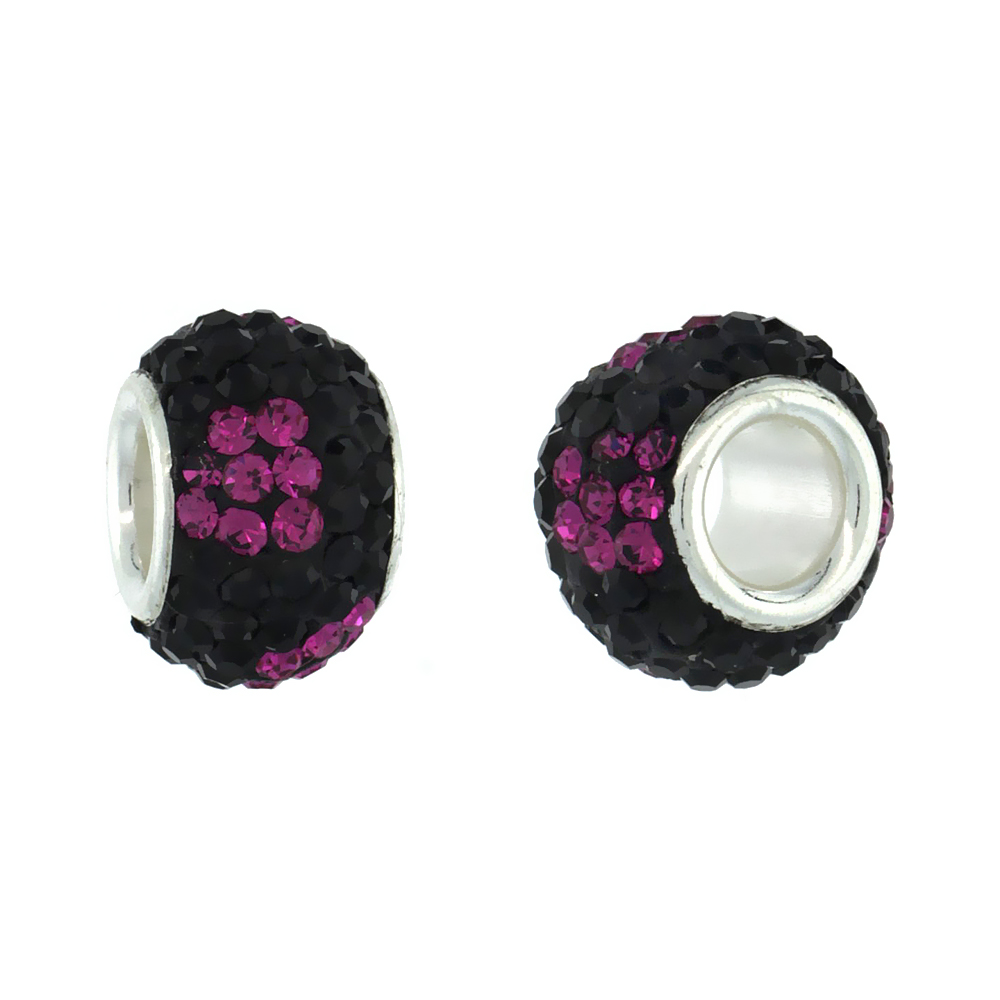 STERLING SILVER CRYSTAL CHARM BEAD BLACK & FUCHSIA FLOWER COLOR CHARM BRACELET COMPATIBLE, 11 MM