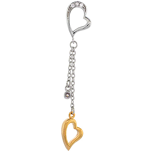 Sterling Silver Heart Dangling CZ Pendant Yellow Gold Accent, 2 1/8 inch long