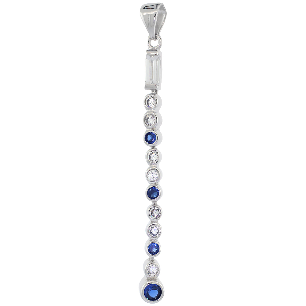 STERLING SILVER MULTIPLE CZ STONE DANGLING PENDANT BLUE & WHITE BEZEL SET, 1 3/4 INCH LONG