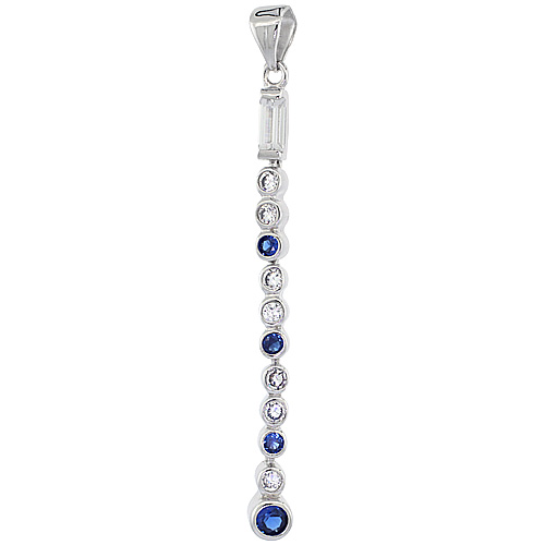 Sterling Silver Multiple CZ Stone Dangling Pendant Blue &amp; White Bezel Set, 1 3/4 inch long