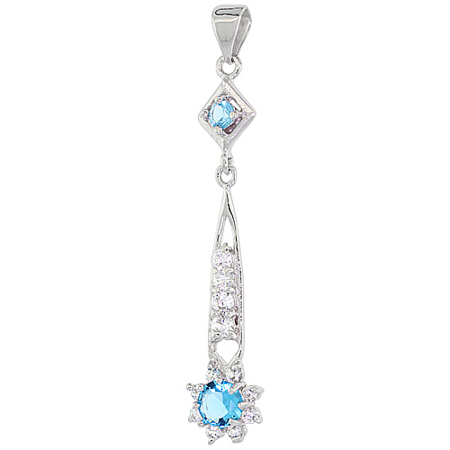 Sterling Silver Round CZ Stone Dangling Pendant Blue &amp; White, 1 1/2 inch long