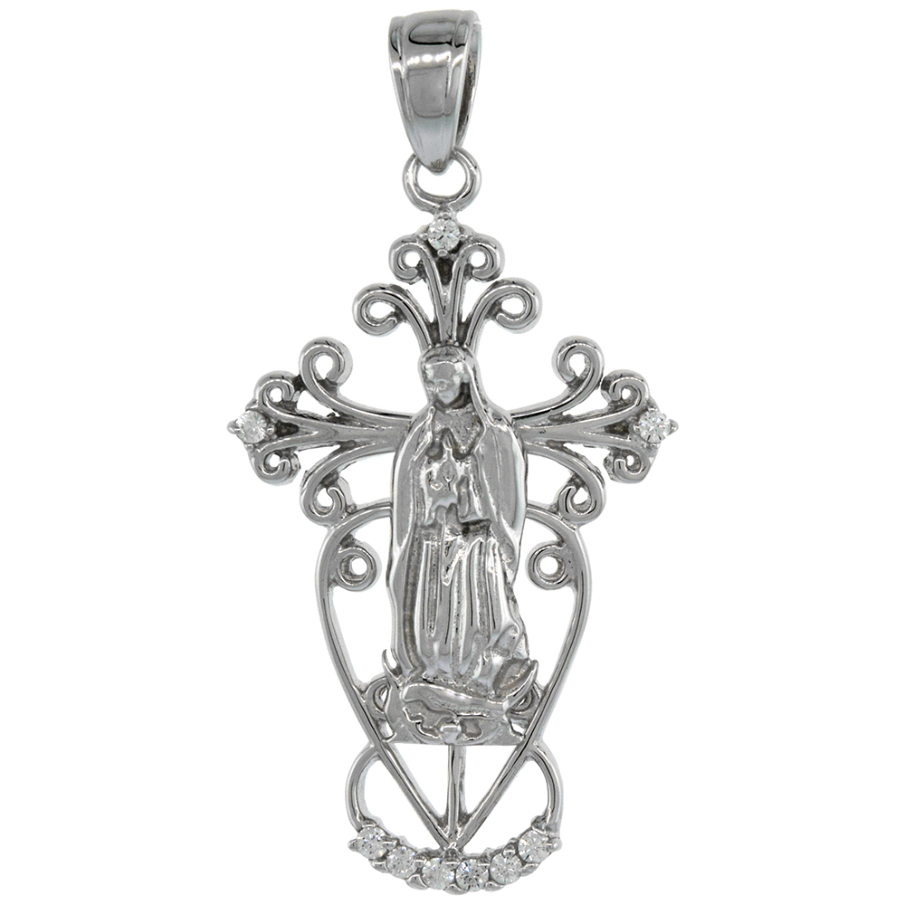 STERLING SILVER SAINT GUADALUPE FLEURY CROSS PENDANT CUBIC ZIRCONIA RHODIUM FINISH 1 3/16 INCH TALL