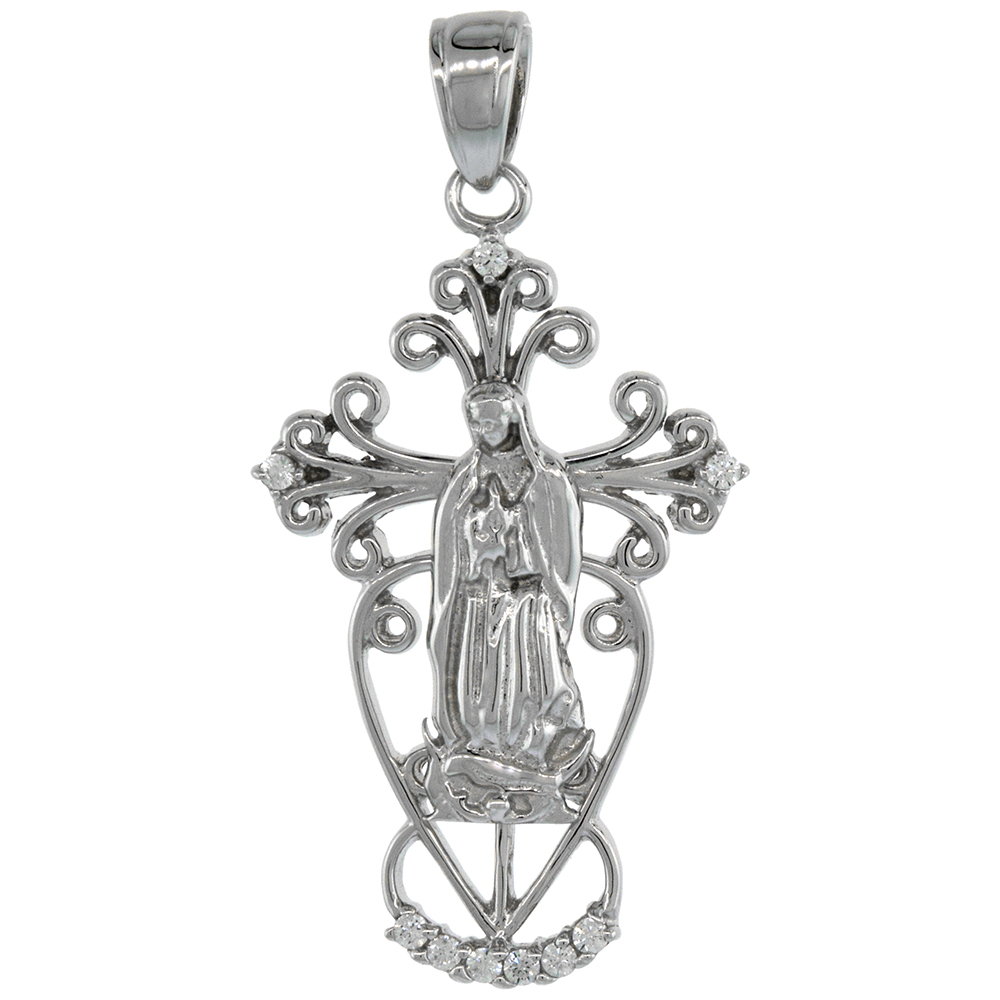 Sterling Silver Saint Guadalupe Fleury Cross Pendant Cubic Zirconia Rhodium Finish 1 3/16 inch tall