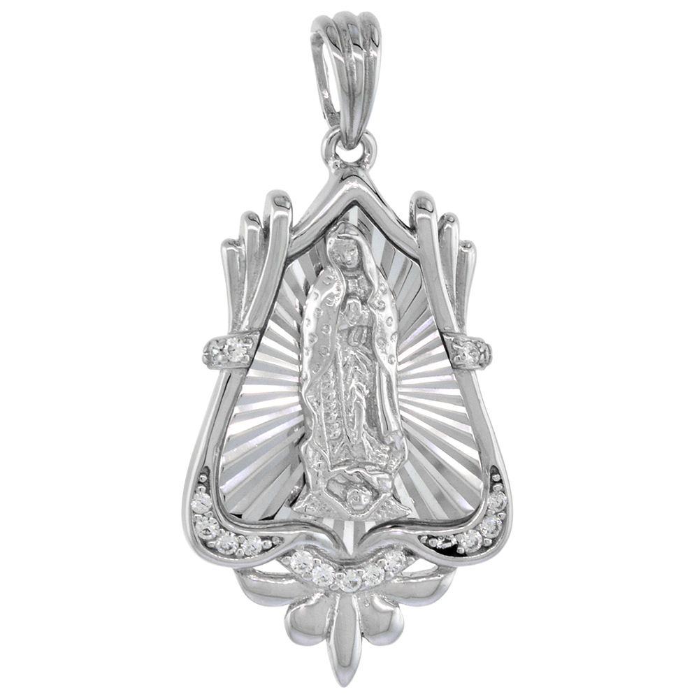 Sterling Silver Saint Guadalupe Pendant Cubic Zirconia Diamond cut Rhodium Finish 15/16 inch tall